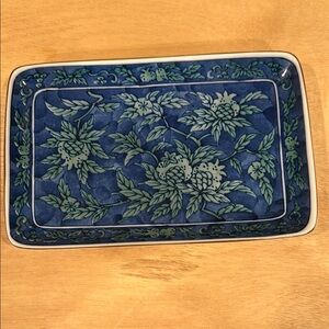 Floral Blue and Green Rectangular White Rectangular Sushi Sashimi Dish Plate